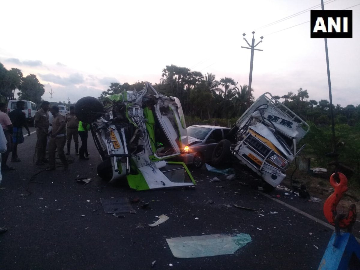 Police authorities at the spot where three vehicles collided near Uchipuli in Tamil Nadu's Ramanathapuram district on Tuesday morning.