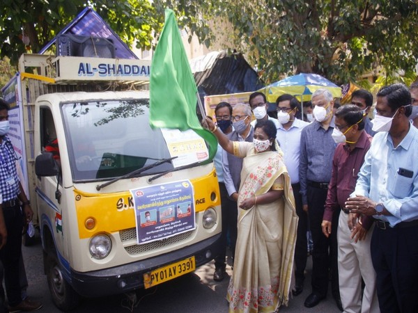 Puducherry Lieutenant Governor Dr Tamilisai Soundararajan flagging off a mobile unit on Sunday.