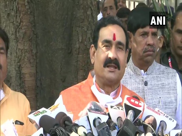 Madhya Pradesh Home Minister Narottam Mishra speaking to reporters in Bhopal on Tuesday.