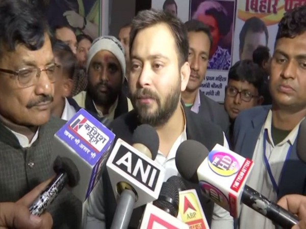 RJD leader Tejashwi Yadav speaking to reporters in Patna on Wednesday. Photo/ANI