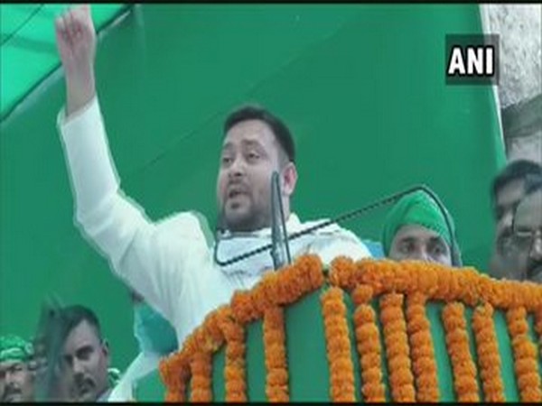RJD leader Tejashwi Yadav speaking at a rally in Rohtas on Monday. Photo/ANI