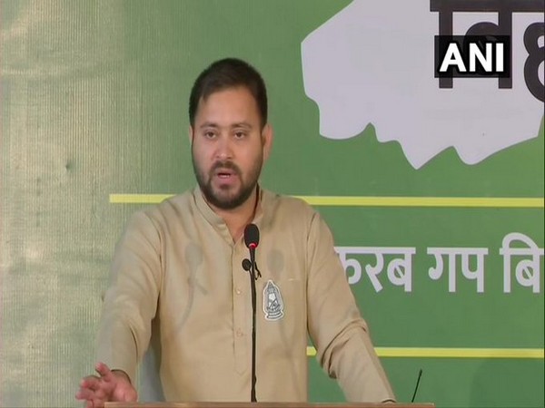 RJD leader Tejashwi Yadav speaking at the Yuva Naukri Samvad programme on Monday. Photo/ANI