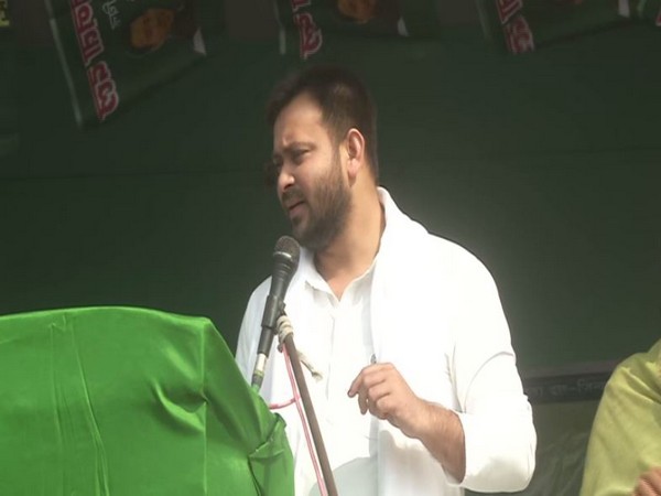 RJD leader Tejashwi Yadav speaking at an election rally in Saharsa on Thursday. [Photo/ANI]