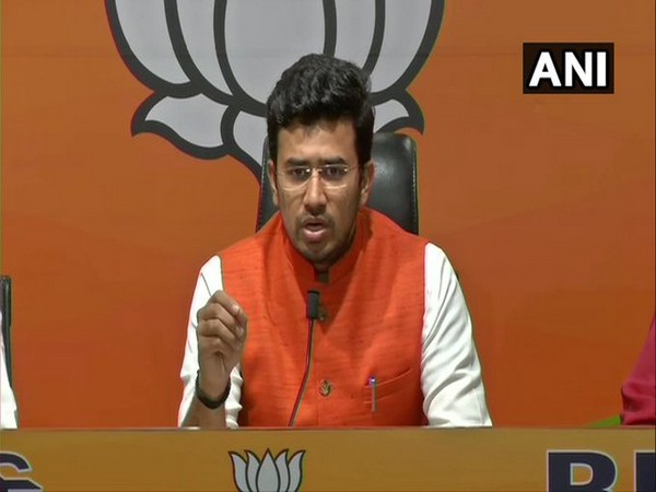 BJP leader Tejasvi Surya speaks at the press conference on Monday. (Photo/ANI)