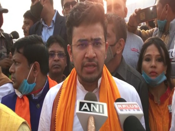 BJP MP and BJYM national president Tejasvi Surya speaking to reporters in Siliguri on Monday [Photo/ANI]
