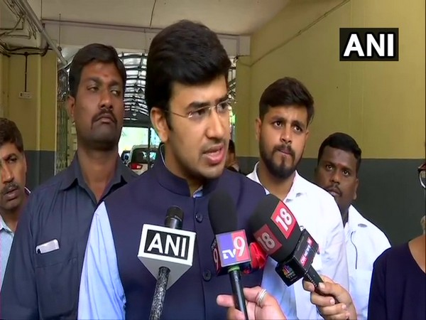 BJP MP Tejasvi Surya speaking to reporters in Bengaluru on Tuesday.