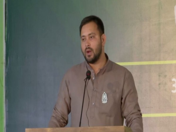 RJD leader Tejashwi Yadav speaking at the event on Tuesday. Photo/ANI