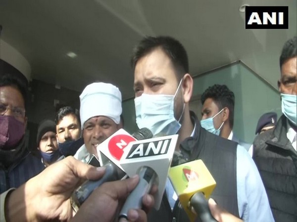 Leader of Opposition in Bihar Tejaswi Yadav talking to media at Ranchi on Saturday. 
