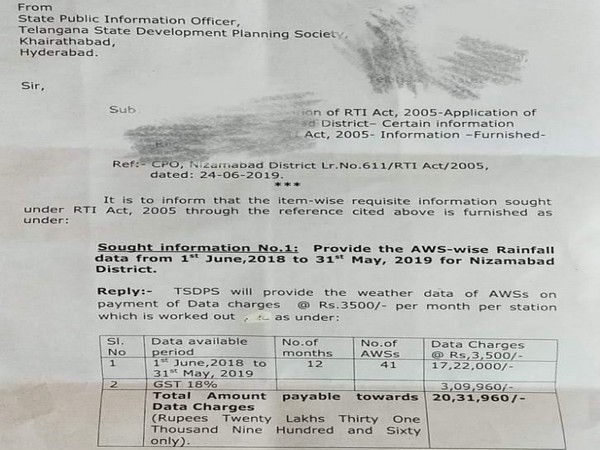 Purported letter from the Public Information Officer of Telangana State Development Planning Society. Photo/ANI