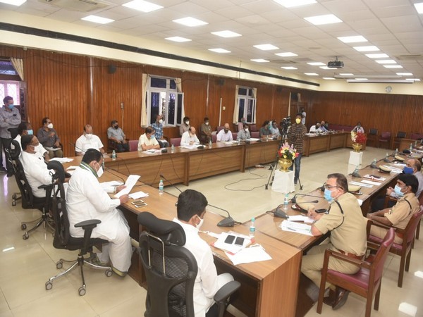 Visual from the meeting of Telangana Assembly Speaker Pocharam Srinivas Reddy with officials at the Committee Hall in Legislative Assembly premises.