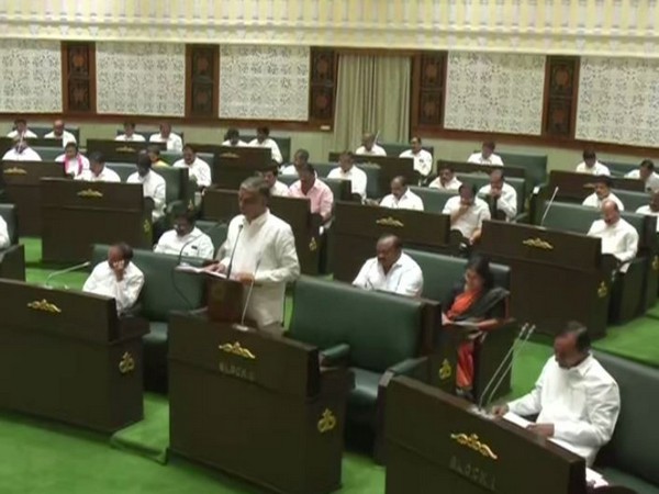 Telangana Finance Minister T Harish Rao presenting the budget in state Legislative Assembly as CM K Chandrashekar Rao looks on, on Sunday.
