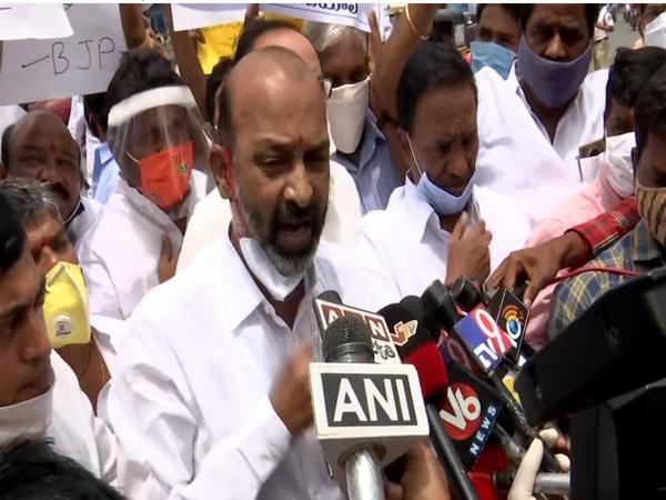 Telangana BJP State President Bandi Sanjay Kumar speaking to media in Hyderabad during protest on Monday. Photo/ANI