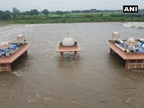 Parts of BAPS Swaminarayan temple, located in Gondal city of Rajkot district, were submerged in deep water following heavy rains on Monday. Photo/ANI