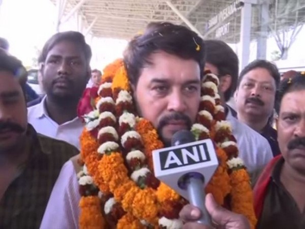 Union Minister of State for Finance and Corporate Affairs Anurag Thakur speaking to reporters on Monday. Photo/ANI