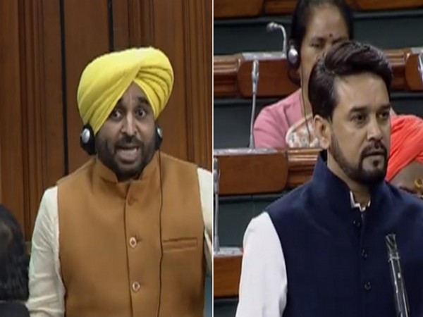 AAP MP Bhagwant Mann (l) and Minister of State for Finance Anurag Thakur during question hour in the Lok Sabha on Monday. 