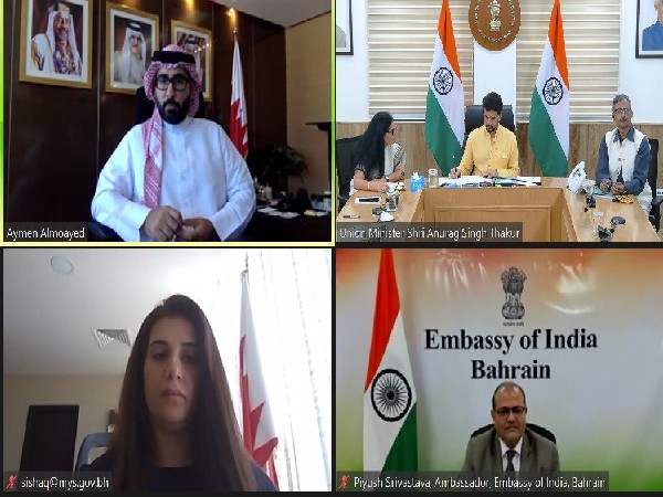 Youth Affairs and Sports Minister Anurag Singh Thakur discussion with Bahraini counterpart  Aymen Tawfiq Almoayyed. (Twitter)