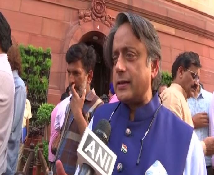 Senior Congress leader Shashi Tharoor while speaking to ANI in the Lok Sabha in New Delhi on Tuesday. Photo/ANI