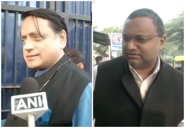 Congress leaders Shashi Tharoor and Karti Chidambaram at Tihar Jail on Monday to meet former union minister P Chidambaram. Photo/ANI