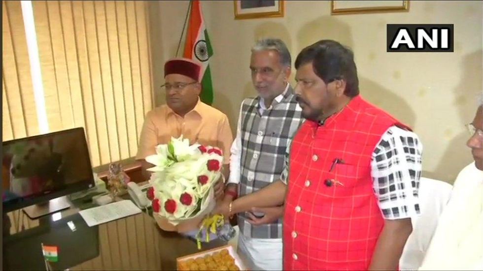Union Minister of Social Justice and Empowerment Thawarchand Gehlot (extreme left) with MoS Ramdas Athawale and Krishan Pal Gujjar after taking charge of the ministry on Tuesday. Photo/ANI