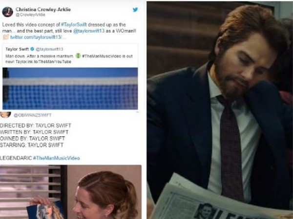 A still from the official music video 'The Man' featuring a disguised Taylor Swift and screenshots of Twitter reactions for the song (Image courtesy: YouTube and Twitter) 
