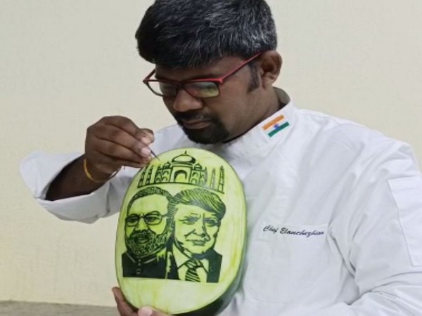 M Elanchezian, the artist who carved images of Prime Minister Narendra Modi and the US President Donald Trump on watermelon. Photo/ANI