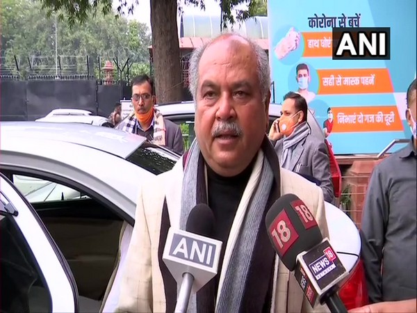 Union Agriculture Minister Narendra Singh Tomar speaking to reporters in New Delhi on Wednesday.