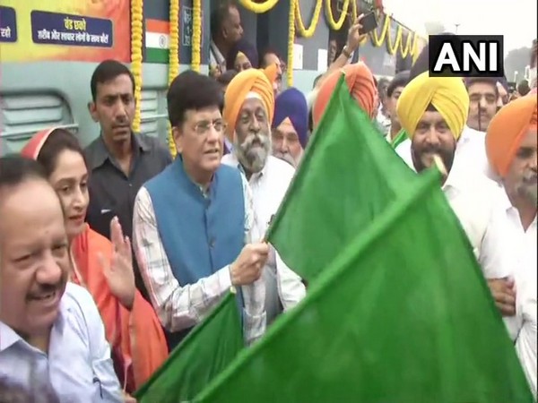 Railway Minister Piyush Goyal along with two other ministers flagged off Sarbat Da Bhalla Express in New Delhi on Friday. (Photo/ANI)