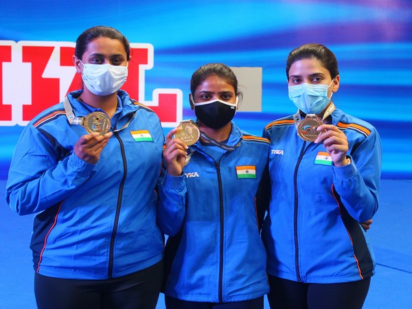Women's Trap Team comprising Shreyasi Singh, Manisha Keer and Rajeshwari Kumari