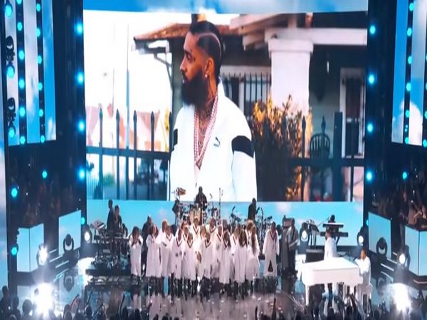 A still from the tribute performance by John Legend, DJ Khaled and more to Nipsey Hussle at 2020 Grammys