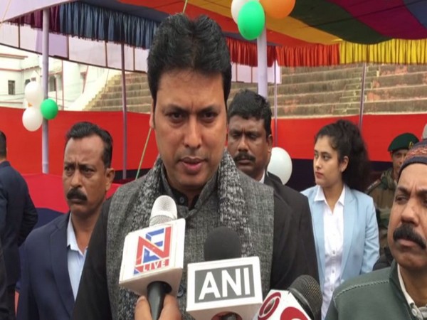 Tripura Chief Minister Biplab Kumar Deb speaking to reporters in Agartala on Sunday. Photo/ANI