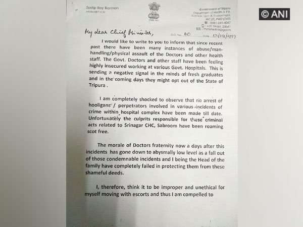 State Health Minister Sudip Roy Barman writes to Tripura Chief Minister Biplab Kumar Deb Photo/ANI