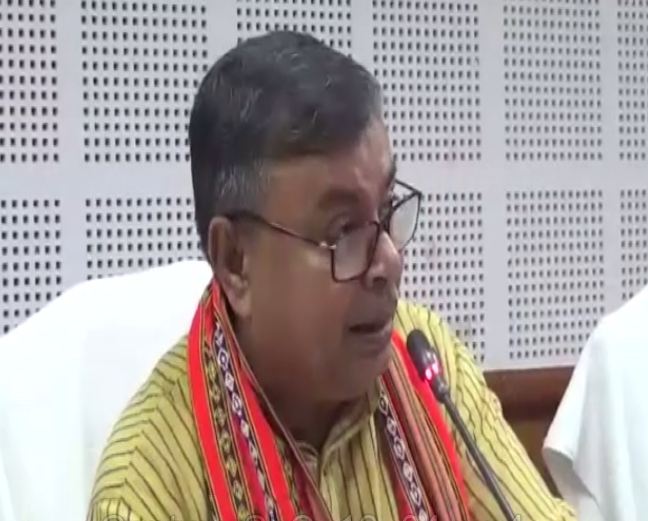 Tripura Law Minister Ratan Lal Nath speaking to media persons at state's Civil Secretariat on Monday. (Photo/ANI)