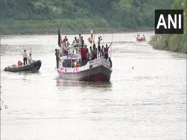 First-ever export consignment vessel on Daukandi - Sonamura Inland Waterway. (Photo/ANI)