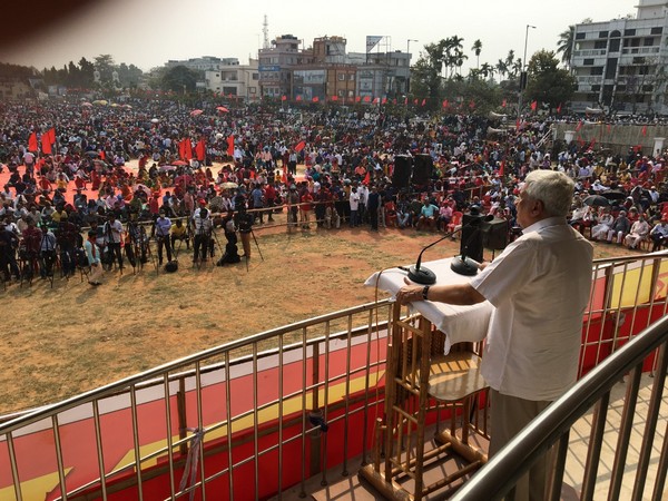 CPIM general secretary Sitaram Yechury addressing the rally in Agartala. (ANI/photo)