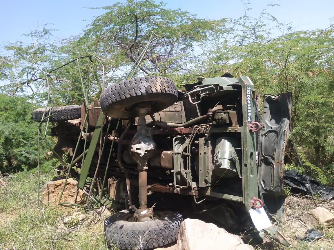The ill-fated truck in which IAF personnel were travelling on Wednesday. Photo/ANI