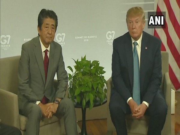 US President Donald Trump and Japan Prime Minister Shinzo Abe meet at G-7 summit in Biarritz, France, on Sunday.
