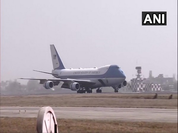 US President Donald Trump and First Lady Melania Trump land in Ahmedabad in Gujarat.