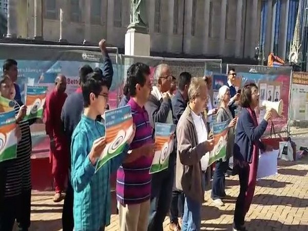 Protest being held at the Victorian Square in Birmingham against the anti-India propaganda on Kashmir. (Photo/ANI)