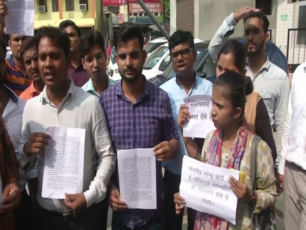 Government hospital workers during a protest in Uttar Pradesh on Monday.