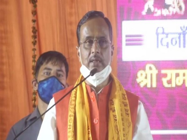Uttar Pradesh Deputy Chief Minister Dinesh Sharma speaking at Aishbagh Ramleela Maidan on Saturday. Photo/ANI