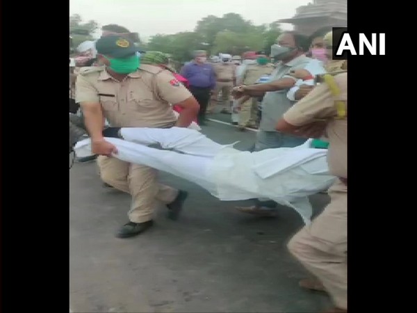 Uttar Pradesh Congress chief Ajay Kumar Lallu dragged and removed by the police from the Agra-Rajasthan border in Uncha Nangla area on Tuesday. Photo/ANI