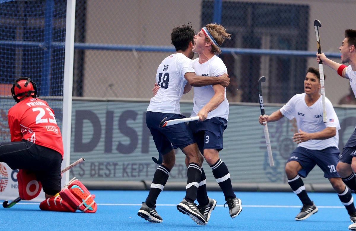USA's players celebrating after scoring goal against South Africa (Photo/ Hockey India Twitter) 