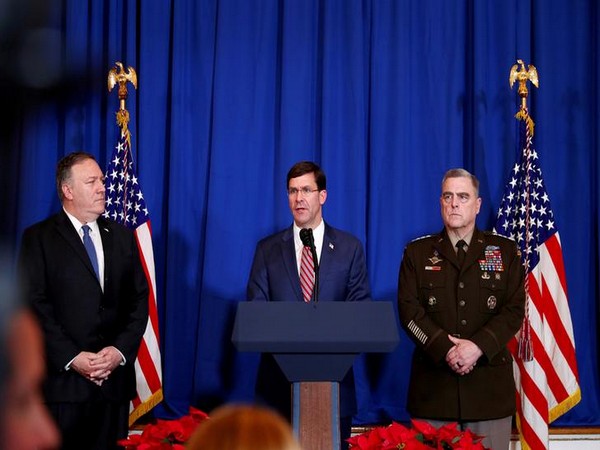 US Defense Secretary Mark Esper speaks about airstrikes by US military in Iraq and Syria. With him are Army General Mark Milley and Secretary of State Mike Pompeo.