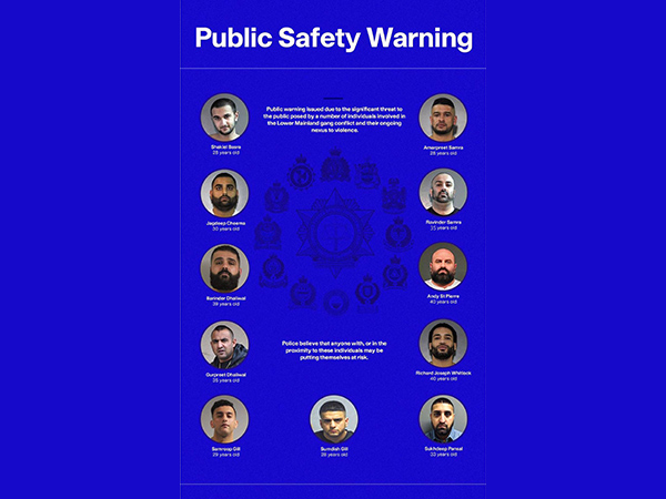 British Columbia Police agencies warning about 11 men linked to gang violence. (Photo credit: Twitter/cfseubc)