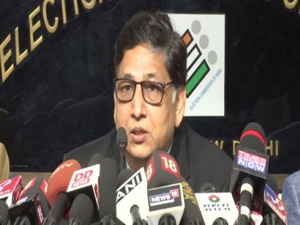 Deputy Election Commissioner Umesh Sinha addressing a press conference in New Delhi on Monday. Photo/ANI