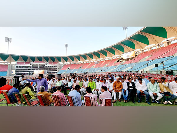 Uttar Pradesh Bharatiya Janata Party state president Swatantra Dev Singh inspects preparation for Yogi Adityanath swearing-in ceremony in Lucknow