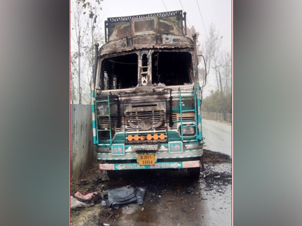 Truck was set ablaze by terrorists on Saturday in Tral 