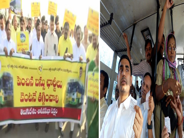 TDP leader Chandrababu Naidu (left) and Nara Lokesh (right) in Amaravati on Wednesday. Photo/ANI