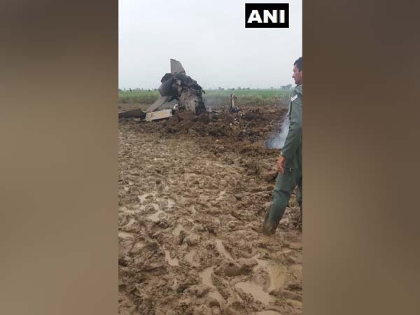 The crashed MiG-21 aircraft in Gwalior on Wednesday. Photo/ANI
