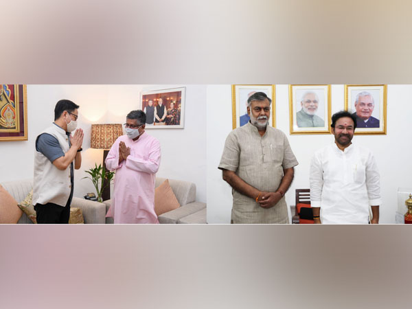 Visuals of ministers: Kiren Rijiju met Ravi Shankar Prasad (Left), Prahlad Patel with G Kishan Reddy (right) (Photo/ANI)